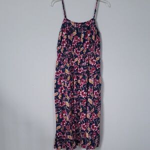 Old Navy Dress Medium Dark Floral Linen Blend Maxi Tiered Apron Office Siren